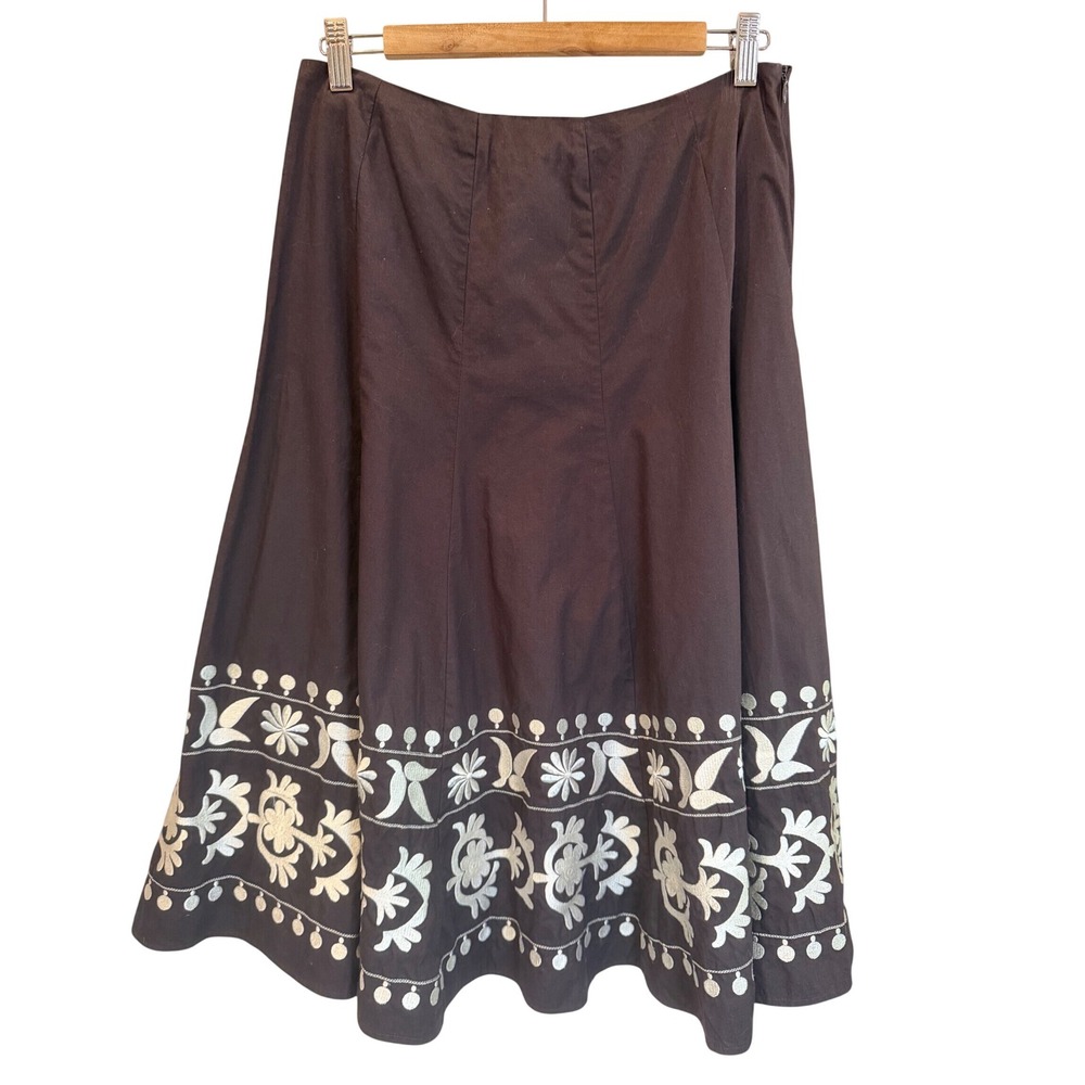 Sunny Leigh Brown Cotton Embroidered Midi Skirt Womens 10 Floral Boho A-Line